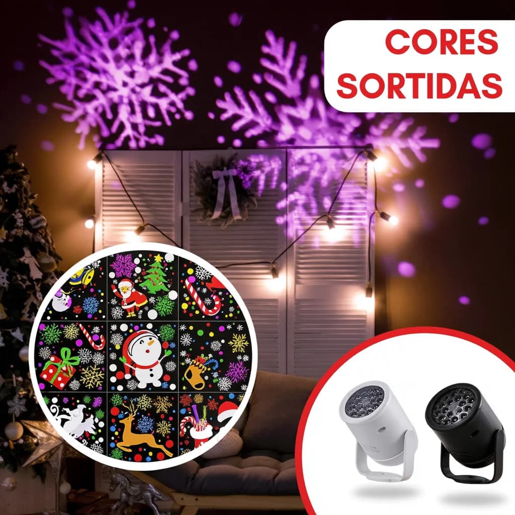 Projetor LED de Natal projetando flocos de neve coloridos na parede da sala, nas cores branca e preta