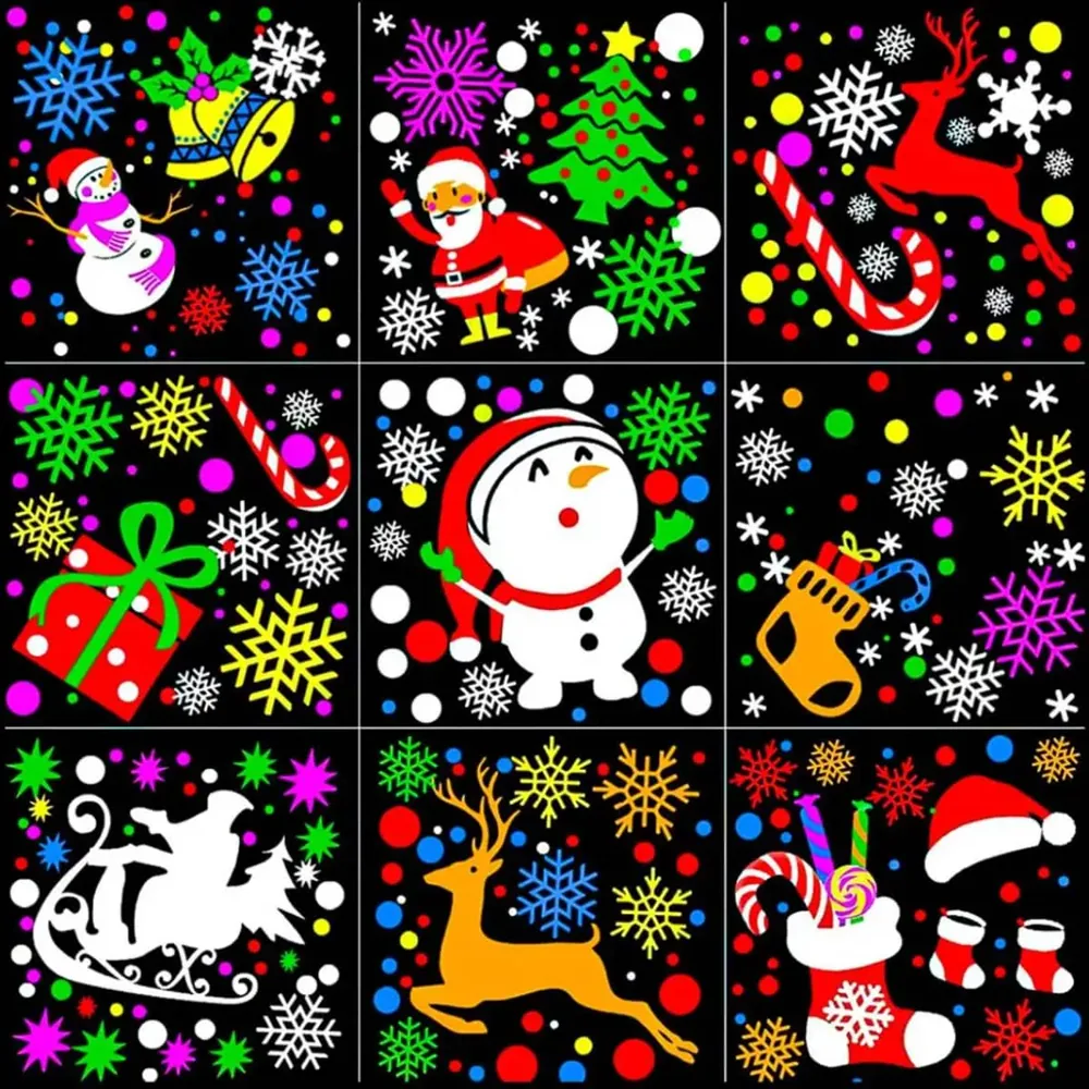 Desenhos projetados: Papai Noel, renas, boneco de neve, árvore, presentes, trenó, sino, meias, bengalas doces e flocos de neve